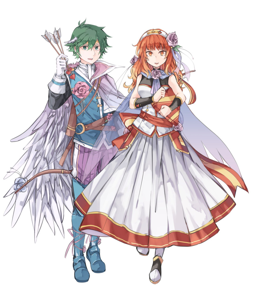 1boy 1girl alm_(fire_emblem) alternate_costume arrow belt box cape celica_(fire_emblem) dress fire_emblem fire_emblem_echoes:_mou_hitori_no_eiyuuou fire_emblem_heroes flower gloves green_eyes green_hair hair_flower hair_ornament hairband heart-shaped_box highres holding holding_arrow holding_box long_hair long_sleeves nintendo parted_lips red_eyes redhead short_hair simple_background sleeveless sleeveless_dress valentine white_background white_gloves zyuno0