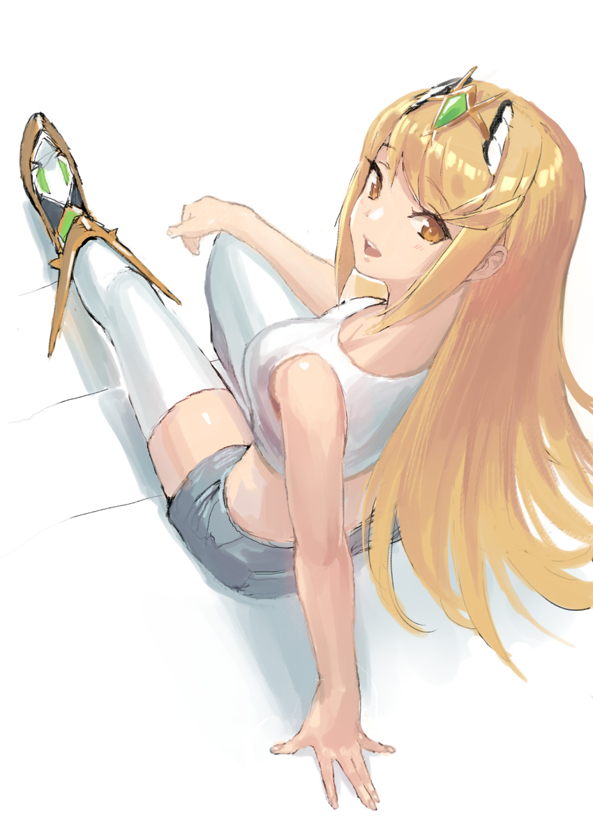 1girl :d arm_behind_back bangs bare_arms bare_shoulders blonde_hair blue_shorts breasts crop_top eyebrows_visible_through_hair from_above green322 highres mythra_(xenoblade) long_hair looking_at_viewer medium_breasts nintendo open_mouth orange_eyes shadow shorts simple_background sitting smile solo straight_hair teeth thigh-highs tiara white_background white_legwear xenoblade_(series) xenoblade_2 zettai_ryouiki