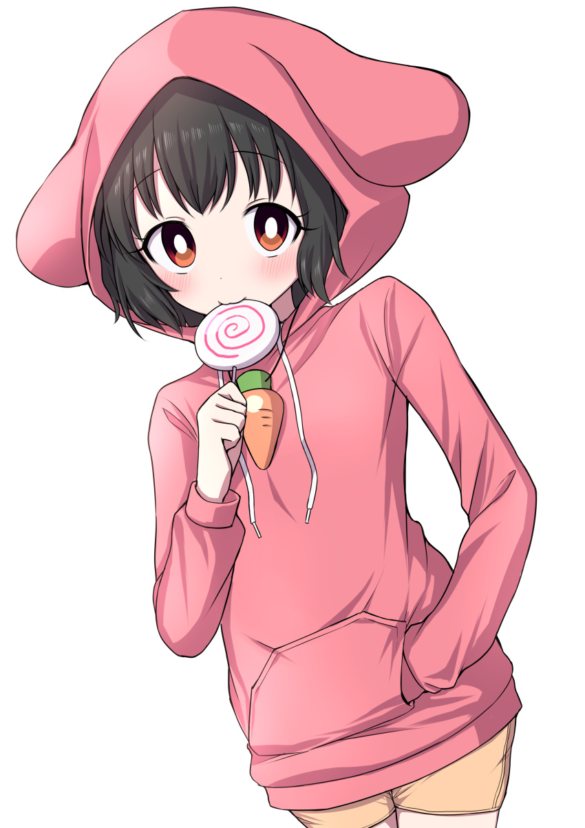 1girl absurdres alternate_costume arm_up black_hair blush bright_pupils candy carrot_necklace commentary_request drawstring dutch_angle eating eyebrows_visible_through_hair flat_chest food hand_in_pocket highres holding_lollipop hood hoodie inaba_tewi lollipop orange_shorts pink_hoodie red_eyes short_hair shorts simple_background smile solo standing swirl_lollipop touhou tsukimirin upper_body white_background white_pupils