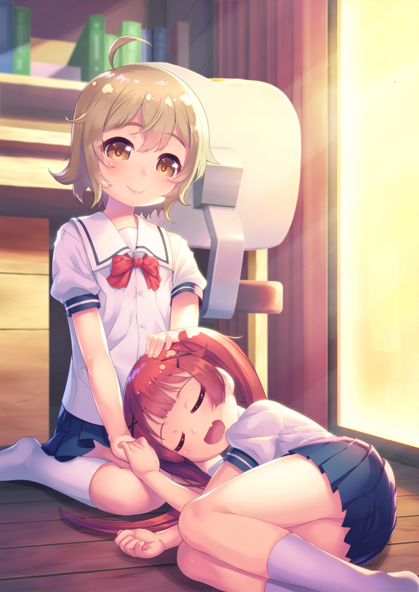 2girls ahoge blue_skirt blush brown_eyes brown_hair chair child closed_eyes commentary_request curled_up eyes_closed fang fetal_position hair_ornament hairclip hand_holding hand_on_another's_head highres holding_hands indoors kneehighs knees_up konomori_kanon lap_pillow legs long_hair looking_at_viewer lying lying_on_lap miniskirt momoto0193 multiple_girls on_side open_mouth petting redhead school_uniform shirt short_hair sitting skirt sleeping smile table tanemura_koyori thighs twintails watashi_ni_tenshi_ga_maiorita! white_legwear white_shirt window