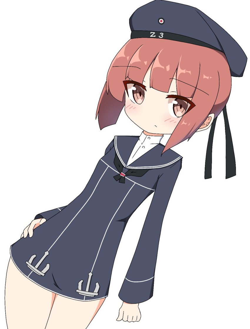1girl bangs beret blue_dress blue_hat blue_sailor_collar blush brown_eyes brown_hair character_name closed_mouth clothes_writing commentary_request dress dutch_angle eyebrows_visible_through_hair hand_on_hip hat highres ichi kantai_collection long_sleeves looking_at_viewer sailor_collar sailor_dress shirt short_dress short_hair sidelocks simple_background solo white_background white_shirt z3_max_schultz_(kantai_collection)
