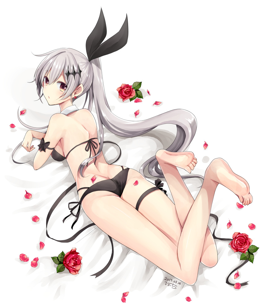 1girl absurdres alternate_costume ass back bangs bare_arms bare_legs bare_shoulders barefoot bikini black_bikini black_ribbon blush bow breasts brown_eyes butt_crack eyebrows_visible_through_hair feet_up five-seven_(girls_frontline) flower girls_frontline hair_ornament hair_ribbon highres hiroichi jewelry large_breasts long_hair looking_at_viewer lying multi-strapped_bikini on_stomach open_mouth ponytail red_flower red_rose ribbon rose rose_earrings shoulder_blades side-tie_bikini sidelocks signature silver_hair skindentation solo swimsuit very_long_hair