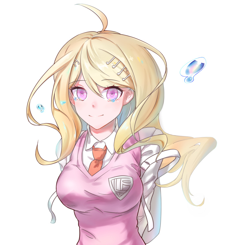 1girl ahoge akamatsu_kaede arms_behind_back backpack bag blonde_hair commentary_request dangan_ronpa eighth_note eyebrows_visible_through_hair hair_ornament hairclip highres long_hair looking_at_viewer musical_note musical_note_hair_ornament necktie new_dangan_ronpa_v3 pink_eyes pink_sweater_vest red_neckwear school_uniform shirt simple_background smile solo sweater_vest tearing_up tears upper_body white_background white_backpack white_shirt wuyinmingyue