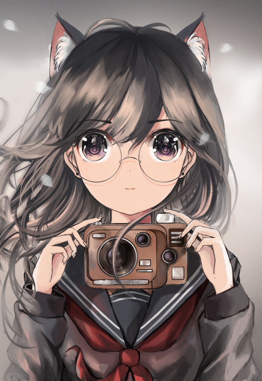1girl absurdres animal_ears bad_id bad_pixiv_id black_hair brown_eyes camera cat_ears closed_mouth copyright_request earrings ears eyebrows_visible_through_hair glasses gradient gradient_background grey_background highres holding holding_camera jewelry long_hair long_sleeves looking_at_viewer portrait sailor_collar school_uniform serafuku solo z_z
