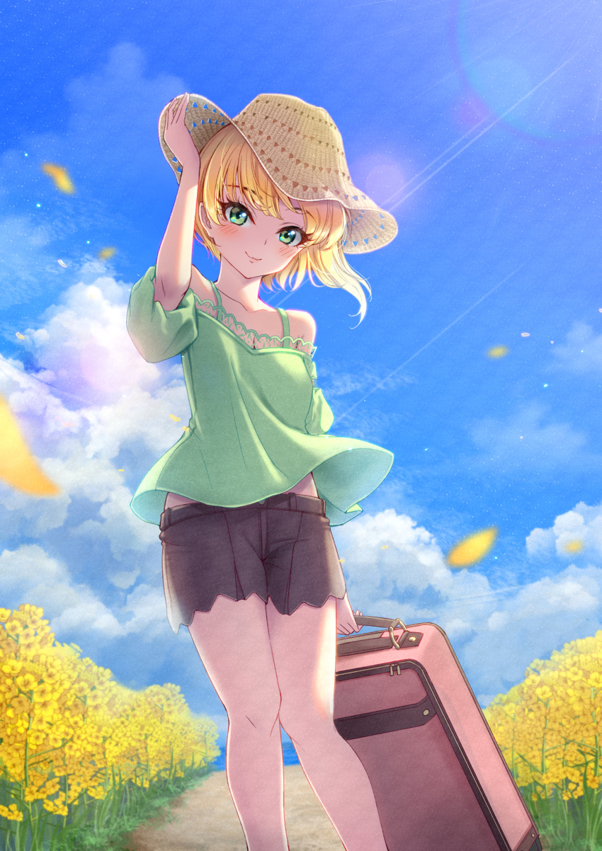 1girl arm_up asymmetrical_hair black_shorts blonde_hair blue_sky breasts cleavage clouds collarbone eyebrows_visible_through_hair flower fumiya-taketatsu green_eyes green_shirt hat highres holding idolmaster idolmaster_cinderella_girls lens_flare looking_at_viewer miyamoto_frederica off-shoulder_shirt off_shoulder outdoors petals shirt short_hair short_shorts short_sleeves shorts sky small_breasts smile solo standing striped striped_background suitcase sun_hat sunlight yellow_flower yellow_hat