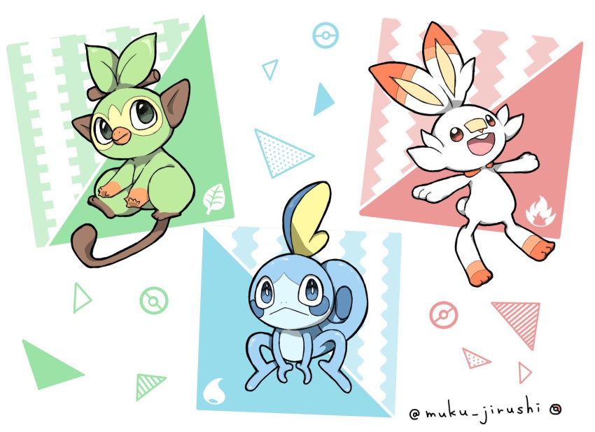 :d abstract_background black_eyes blue_eyes creature creatures_(company) game_freak gen_8_pokemon grookey highres muku_jirushi multicolored multicolored_background nintendo no_humans open_mouth pokemon pokemon_(creature) red_eyes scorbunny smile sobble