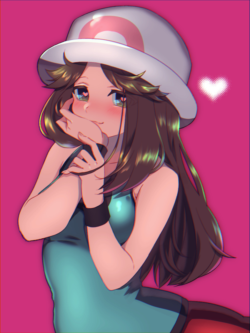 1girl blue_(pokemon) blush brown_eyes brown_hair closed_mouth creatures_(company) game_freak hat heart heart-shaped_pupils highres long_hair looking_at_viewer mokorei nintendo pink_background pokemon pokemon_(game) pokemon_frlg red_skirt simple_background skirt sleeveless smile solo symbol-shaped_pupils white_hat