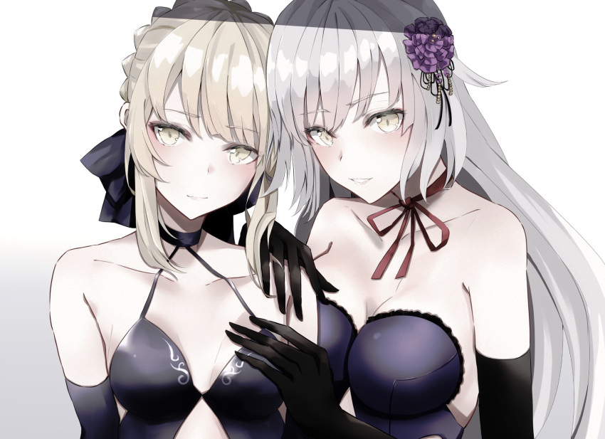 2girls artoria_pendragon_(all) bangs bare_shoulders black_dress black_ribbon blonde_hair breasts cleavage collarbone dress elbow_gloves fate/grand_order fate_(series) flower gloves gothic_lolita hair_bun hair_flower hair_ornament highres jeanne_d'arc_(alter)_(fate) jeanne_d'arc_(fate)_(all) ka1se1 large_breasts lolita_fashion long_hair looking_at_viewer medium_breasts multiple_girls ribbon saber_alter silver_hair simple_background smile strapless strapless_dress upper_body white_background yellow_eyes