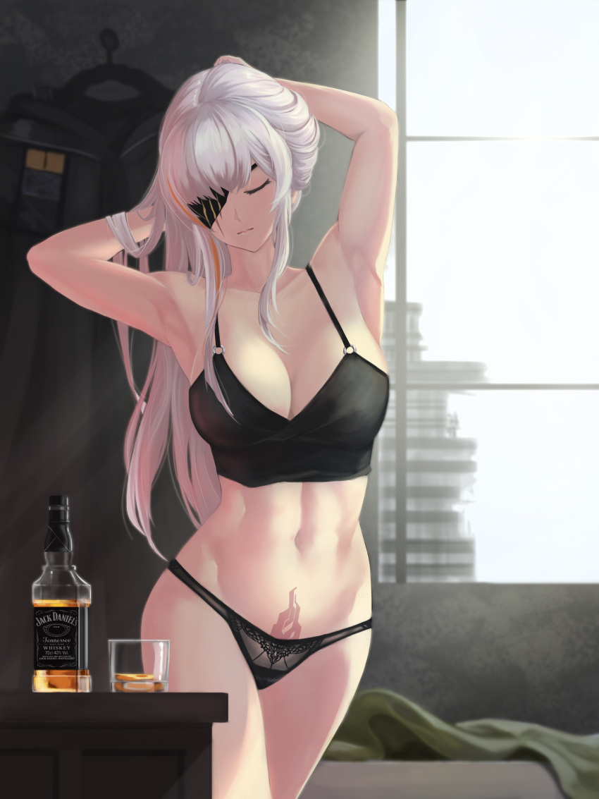 1girl absurdres alcohol armpits arms_up bangs bare_arms bare_shoulders bed black_coat black_panties blanket bottle breasts building camisole cleavage closed_eyes closed_mouth coat coat_removed collarbone commentary commentary_request cowboy_shot cup day drinking_glass english_commentary eyepatch facing_viewer girls_frontline hairdressing head_tilt highres indoors jack_daniel's korean_commentary large_breasts light_smile m16a1_(girls_frontline) m16a1_(girls_frontline)_(boss) multicolored_hair navel one_eye_covered orange_hair panties partial_commentary pubic_hair sangvis_ferri silver_hair solo stomach streaked_hair table tattoo toned un_lim underwear underwear_only whiskey window