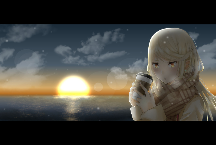 1girl bangs blush closed_mouth clouds cloudy_sky coat cup day highres mythra_(xenoblade) holding holding_cup hot_chocolate mebi_(mebieru) nintendo ocean sky solo sunset swept_bangs xenoblade_(series) xenoblade_2 yellow_eyes