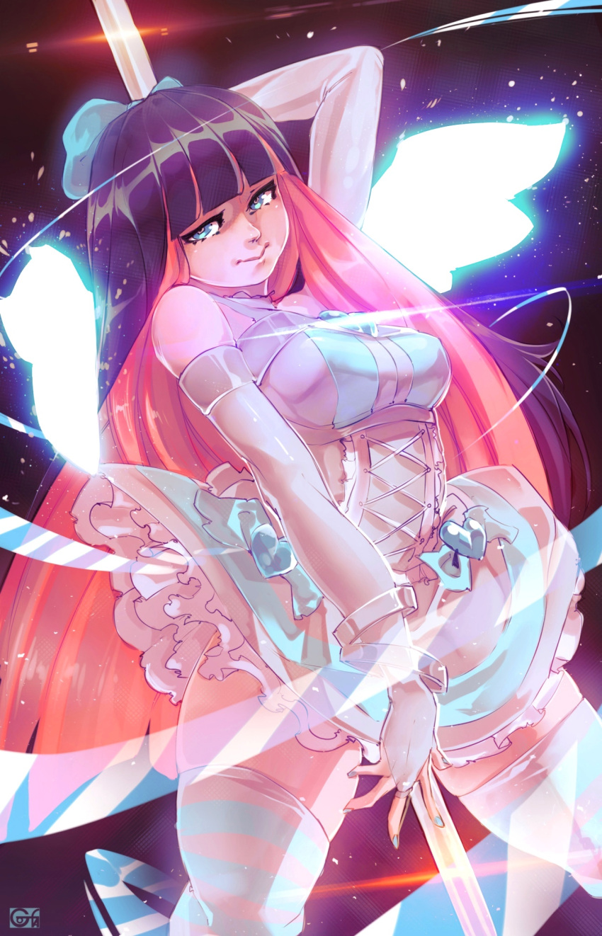 1girl bangs bare_shoulders blue_bow blue_eyes blue_hair blue_nails bow bracelet closed_mouth elbow_gloves frilled_skirt frills gloves glowing gofa heart highres jewelry long_hair mini_wings multicolored multicolored_hair nail_polish panty_&amp;_stocking_with_garterbelt pink_hair pole pole_dancing signature skirt smile solo standing stocking_(psg) thigh-highs white_gloves white_legwear wings
