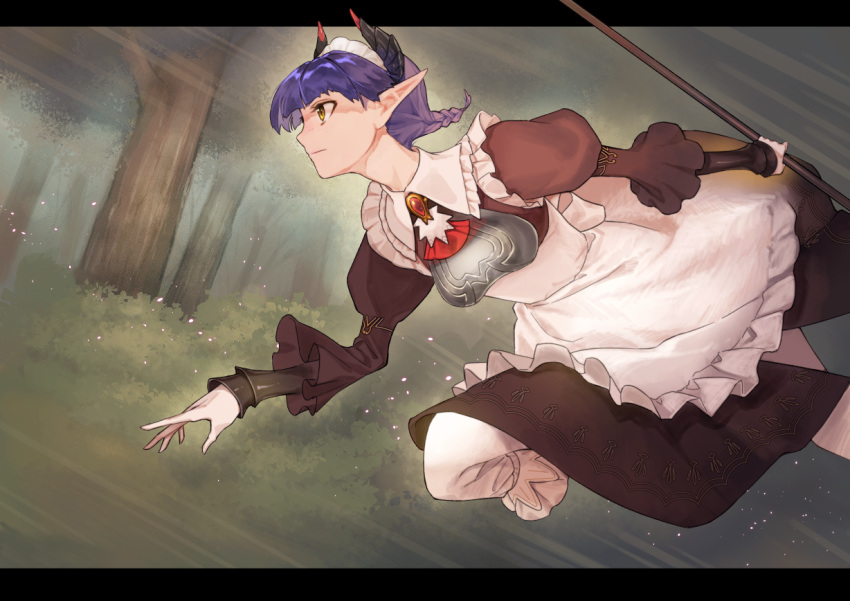 1girl blue_hair boobplate braid breastplate brooch brown_eyes fighting_stance forest holding holding_weapon horns hrpk0101 jewelry long_sleeves maid melciolla nature outdoors pixiv_fantasia_last_saga pointy_ears puffy_long_sleeves puffy_sleeves running short_hair solo weapon