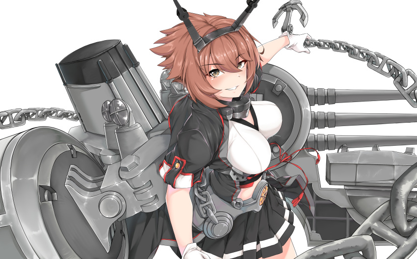 1girl absurdres anchor breasts brown_eyes brown_hair chains closed_mouth gloves hairband highres kantai_collection large_breasts looking_at_viewer machinery miniskirt mutsu_(kantai_collection) radio_antenna remodel_(kantai_collection) short_hair short_sleeves simple_background skirt smile solo turret white_background white_gloves zuoteng_lucha