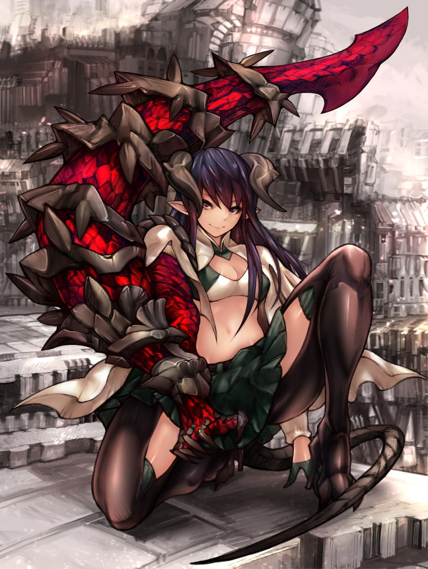 1girl breasts building cleavage eyebrows_visible_through_hair gloves gradient gradient_hair green_gloves green_skirt high_heels highres horns long_hair masayoshi monster_girl multicolored_hair navel original pointy_ears purple_hair ruins scales skirt smile solo tail thigh-highs