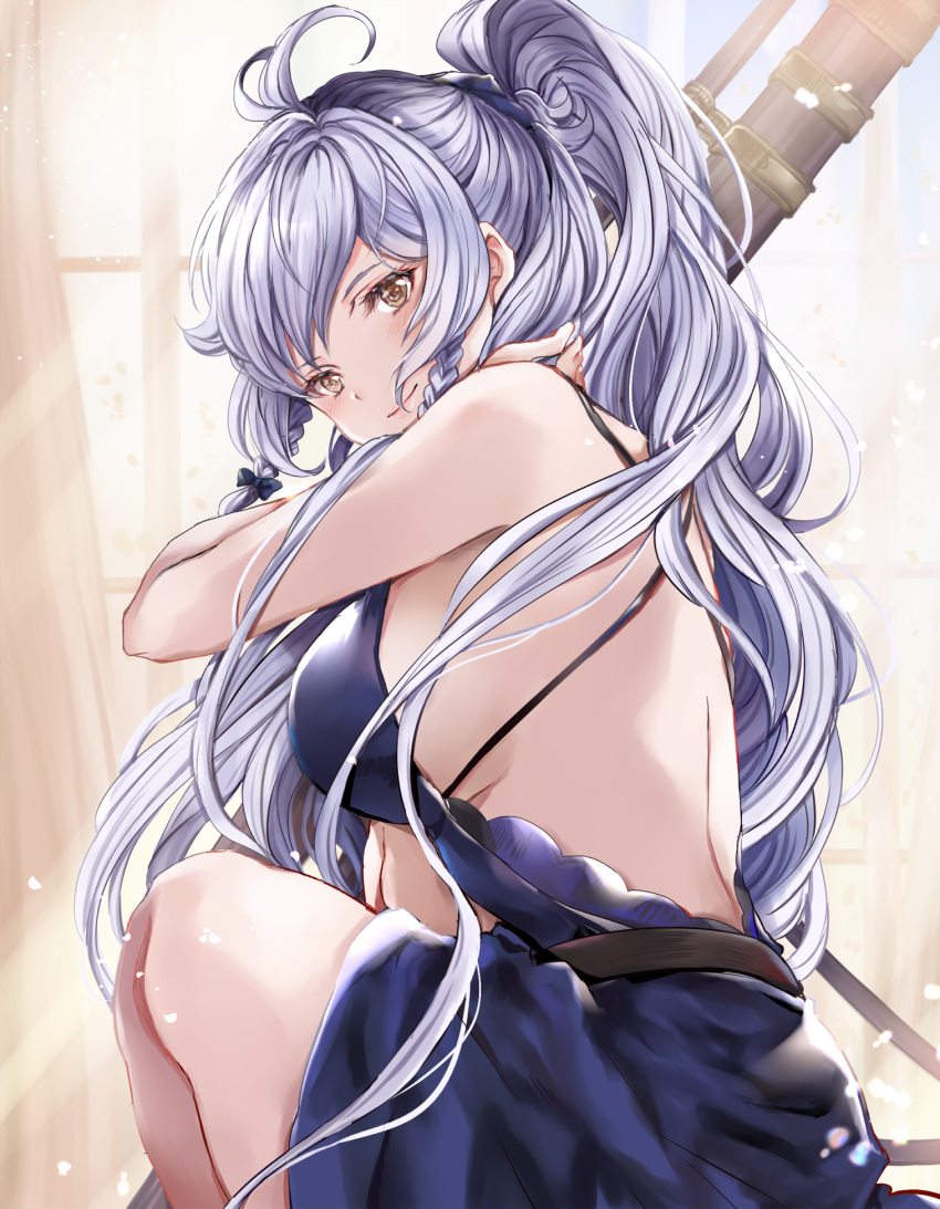1girl ahoge backless_dress backless_outfit bangs bare_arms bare_back bare_shoulders blue_dress blush braid breasts commentary_request curtains dress granblue_fantasy gun hair_between_eyes hair_over_shoulder highres hinahino large_breasts long_hair looking_at_viewer pink_lips ponytail rifle silva_(granblue_fantasy) silver_hair sitting smile sniper sniper_rifle solo sunlight twin_braids very_long_hair wavy_hair weapon window yellow_eyes