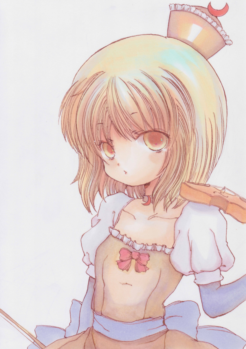 1girl absurdres bangs blonde_hair bow bow_(instrument) breasts collar crescent dress eyebrows_visible_through_hair eyes_visible_through_hair highres instrument looking_at_viewer lunasa_prismriver medium_hair nishina_masato puffy_short_sleeves puffy_sleeves red_bow short_sleeves simple_background small_breasts solo touhou traditional_media upper_body violin white_background yellow_dress yellow_eyes