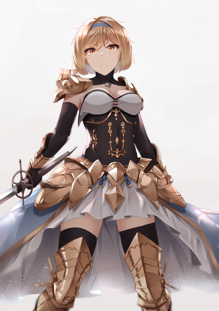 &gt;:( 1girl absurdres armor armored_boots arms_at_sides black_gloves blue_hairband boots breasts brown_eyes brown_hair cleavage closed_mouth commentary covered_navel detached_collar djeeta_(granblue_fantasy) elbow_gloves english_commentary faulds feet_out_of_frame gloves granblue_fantasy grey_background hairband highres holding holding_sword holding_weapon legs_apart looking_at_viewer medium_breasts mengo pauldrons serious short_hair shoulder_armor simple_background skirt solo standing strapless sword thigh-highs thighhighs_under_boots vambraces weapon white_skirt zettai_ryouiki