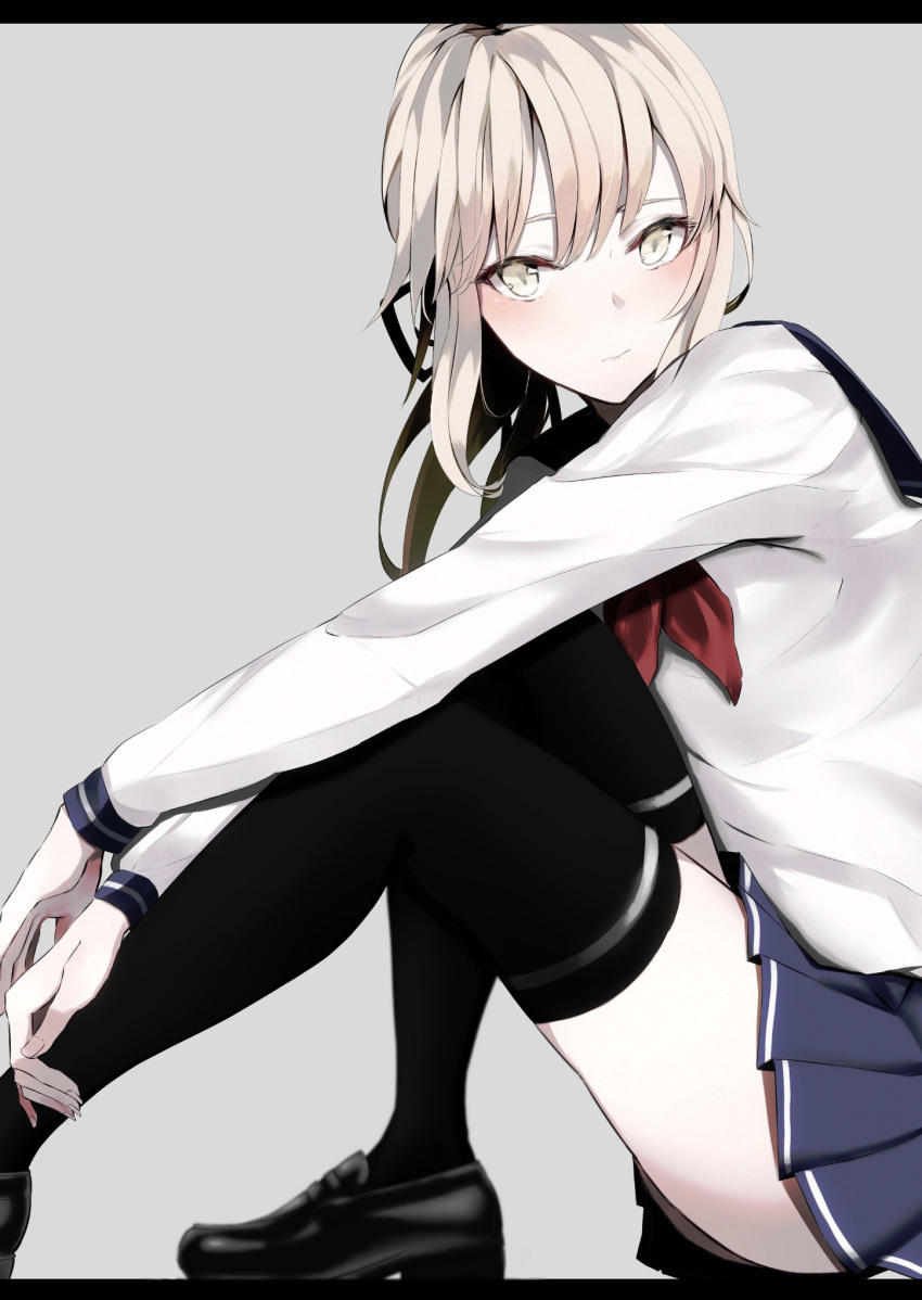 1girl artoria_pendragon_(all) bangs black_footwear black_ribbon blonde_hair blue_skirt blush breasts dress fate/grand_order fate/stay_night fate_(series) fingernails hair_bun hair_ribbon highres ka1se1 legs long_sleeves looking_at_viewer medium_breasts pleated_skirt ribbon saber_alter sailor_dress simple_background sitting skirt solo thigh-highs thighs tied_hair yellow_eyes