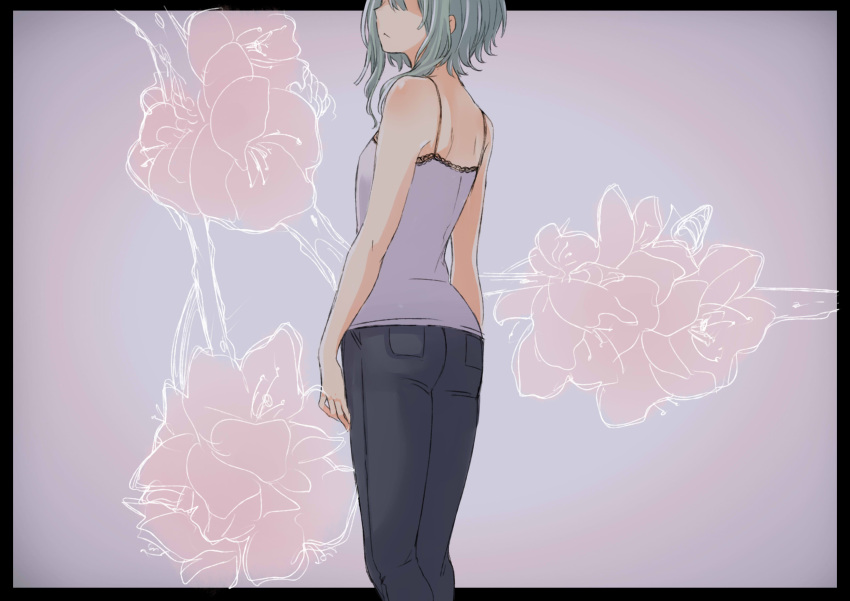 1girl absurdres arms_at_sides ass black_border black_pants border camisole flat_ass floral_background frown green_hair grey_camisole gumi highres kino_(m6t2a) muted_color no_eyes pants short_hair_with_long_locks solo vocaloid