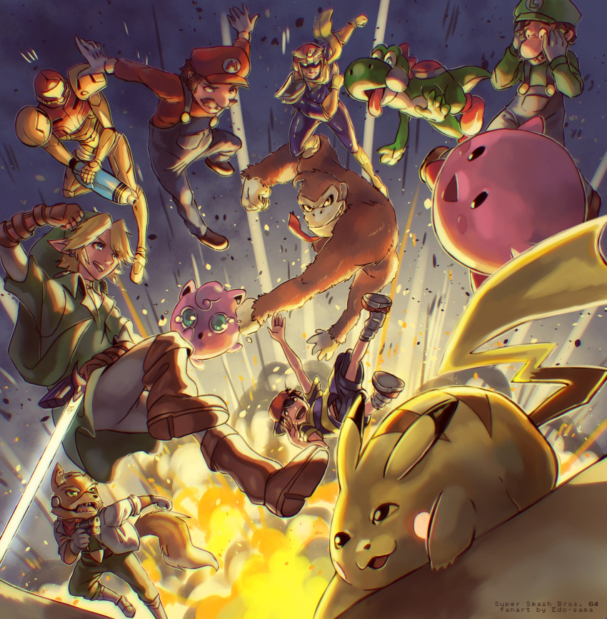 1girl 6+boys absurdres baseball_cap black_eyes body_armor boots brown_footwear captain_falcon commentary creature creatures_(company) donkey_kong donkey_kong_(series) edo-sama english_commentary explosion f-zero falling fox_mccloud furry game_freak gen_1_pokemon green_hat hat highres huge_filesize jigglypuff jumping kirby kirby_(series) link luigi lying mario super_mario_bros. metroid mother_(game) mother_2 multiple_boys multiple_sources necktie ness nintendo on_stomach overalls pikachu pokemon pokemon_(creature) red_hat red_neckwear samus_aran star_fox super_mario_bros. super_smash_bros. tears the_legend_of_zelda the_legend_of_zelda:_ocarina_of_time yoshi