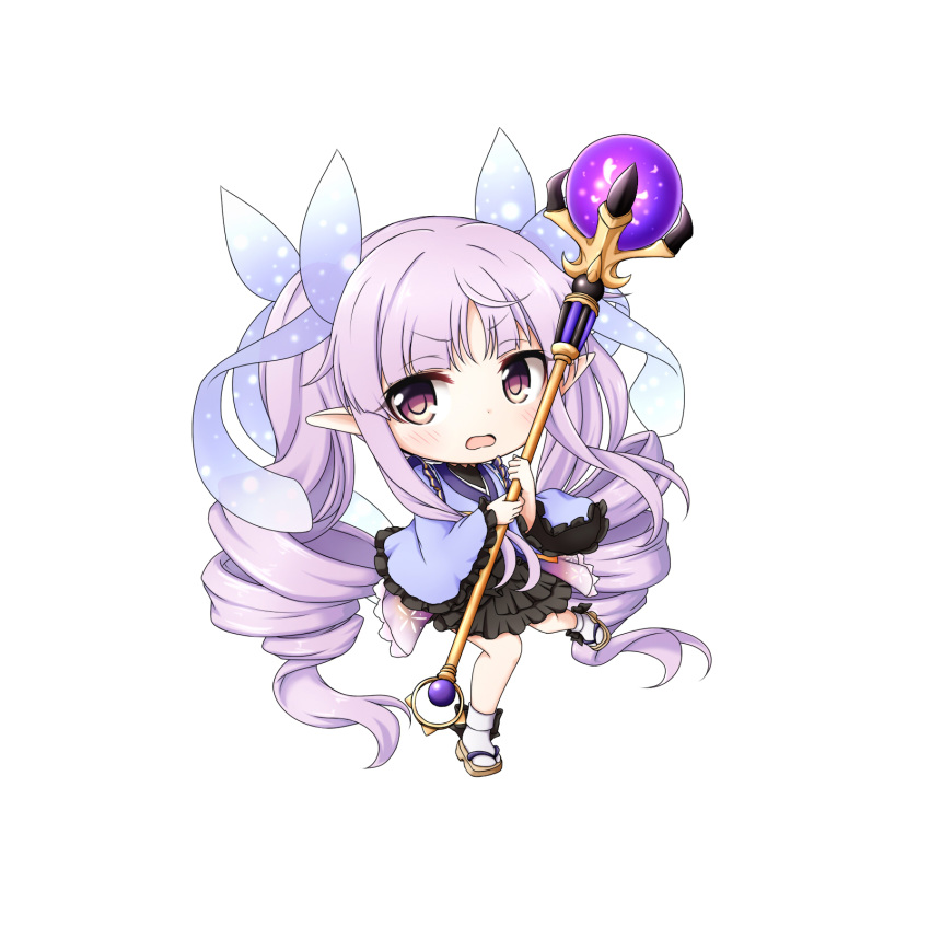 1girl bangs blue_kimono blue_ribbon blush bobby_socks brown_eyes brown_footwear chibi drill_hair eyebrows_visible_through_hair hair_ribbon highres hikawa_kyoka holding holding_staff japanese_clothes kimono kuena long_hair long_sleeves orb pointy_ears princess_connect! princess_connect!_re:dive purple_hair ribbon sandals sidelocks simple_background socks solo staff twin_drills twintails v-shaped_eyebrows very_long_hair white_background white_legwear wide_sleeves