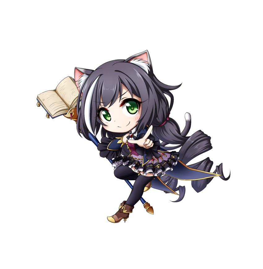 1girl animal_ear_fluff animal_ears black_hair black_legwear book boots brown_footwear cat_ears cat_girl cat_tail closed_mouth collared_shirt detached_sleeves high_heel_boots high_heels highres holding holding_staff kuena kyaru_(princess_connect) long_hair long_sleeves multicolored_hair open_book outstretched_arm pointing pointing_at_viewer princess_connect! princess_connect!_re:dive purple_skirt ringlets shirt simple_background skirt sleeveless sleeveless_shirt smile solo staff streaked_hair tail thigh-highs very_long_hair white_background white_hair white_shirt wide_sleeves