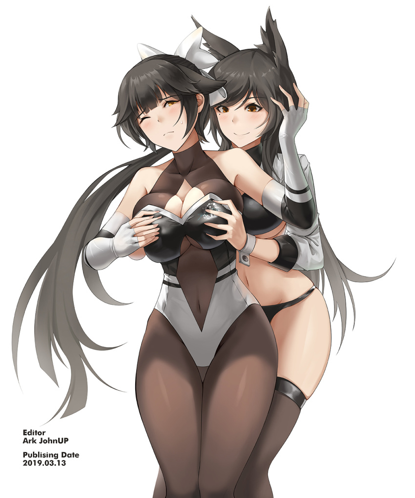 2girls ;( animal_ears ark_john_up artist_name atago_(azur_lane) azur_lane bangs bare_shoulders bikini black_bikini black_hair black_legwear blunt_bangs blush bodystocking bow breast_grab breasts center_opening cleavage cleavage_cutout closed_mouth collarbone covered_navel dated elbow_gloves eyebrows_visible_through_hair flipped_hair gloves grabbing grabbing_from_behind grey_leotard hair_bow hand_on_another's_head highres large_breasts leotard long_hair long_sleeves looking_at_viewer mole mole_under_eye multiple_girls navel orange_eyes racequeen simple_background skindentation smile sweat swept_bangs swimsuit takao_(azur_lane) thigh-highs thigh_gap under_boob very_long_hair white_background white_bow white_gloves wrist_cuffs yellow_eyes yuri