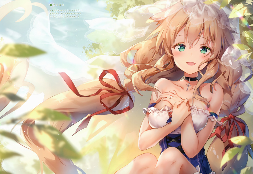 1girl absurdres azur_lane bangs bare_shoulders blonde_hair blush breasts collar collarbone cross day eyebrows_visible_through_hair green_eyes hands_up highres huge_filesize jewelry le_temeraire_(azur_lane) looking_at_viewer medium_breasts open_mouth outdoors riichu ring scan sitting smile solo