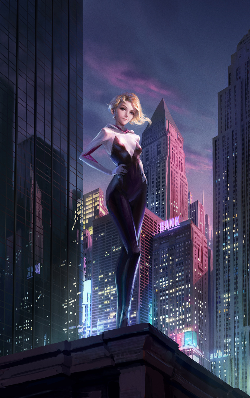 1girl absurdres asymmetrical_hair blonde_hair bodysuit building city clouds covered_navel evening gwen_stacy hands_on_hips highres hood hood_down marvel reflection rooftop short_hair sidecut skin_tight smile solo spider-gwen spider-man:_into_the_spider-verse spider-man_(series) spider_web_print standing superhero window zhoujialin