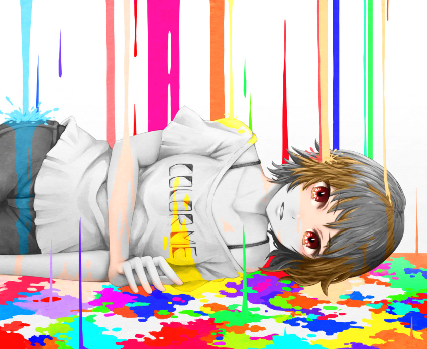 1girl bangs bra_strap breasts brown_hair clothes_writing collarbone colorful commentary_request english_text eyebrows_visible_through_hair looking_at_viewer lying medium_breasts multicolored multicolored_background on_side original pants parted_lips partially_colored red_eyes short_hair short_sleeves smile solo yajirushi_(chanoma)