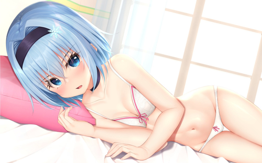 1girl bangs bed blue_eyes blue_hair blush bow bow_bra bow_panties bra breasts choker cleavage collarbone curtains eyebrows_visible_through_hair hair_ornament hairband highres looking_at_viewer lying mottsun_(i_40y) navel no_pupils open_mouth panties pillow pink_bow pink_pillow ryuuou_no_oshigoto! shiny short_hair small_breasts snowflake_hair_ornament solo sora_ginko stomach thigh_gap thighs underwear white_bra white_panties window