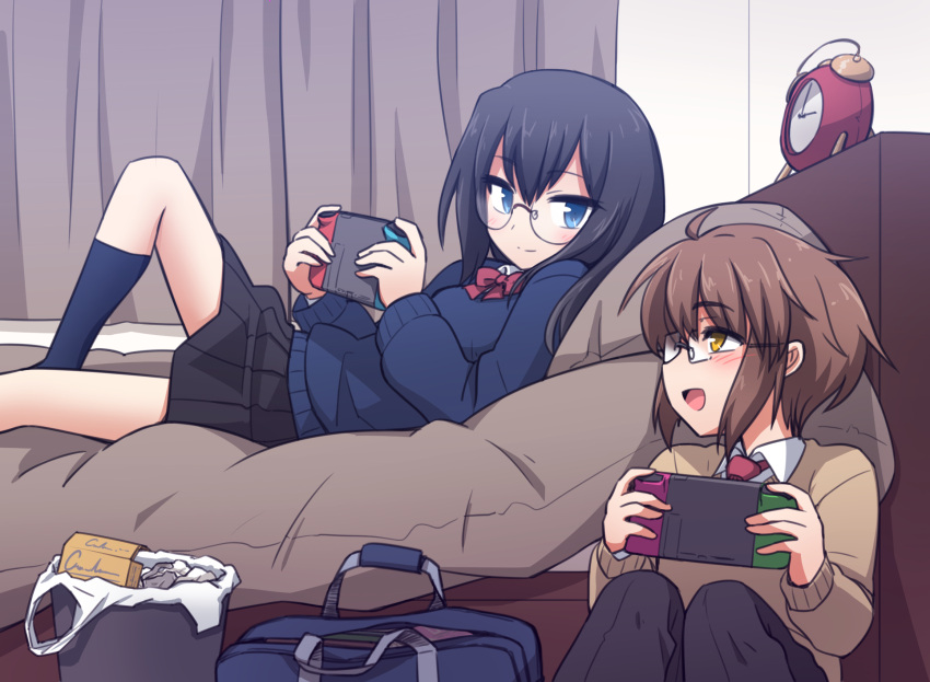 1boy 1girl ahoge alarm_clock bag black_hair blue_eyes blush brown_hair check_commentary clock commentary_request glasses highres ikune_juugo indoors lying necktie nintendo_switch on_back original playing_games reclining rectangular_eyewear round_eyewear school_bag school_uniform sitting trash_can yellow_eyes