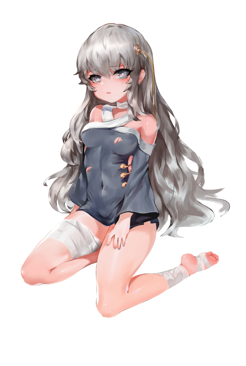 1girl absurdres bandage bandaged_arm bandages bangs bare_shoulders blue_dress blue_sleeves breasts commentary_request covered_navel detached_sleeves dokomon dress eyebrows_visible_through_hair fingernails full_body girls_frontline grey_eyes grey_hair grey_nails hair_between_eyes hair_ornament highres korean_commentary long_hair long_sleeves looking_at_viewer medium_breasts nail_polish parted_lips ribeyrolles_1918_(girls_frontline) short_dress sidelocks simple_background sitting soles solo torn_clothes torn_dress very_long_hair white_background wide_sleeves yokozuwari
