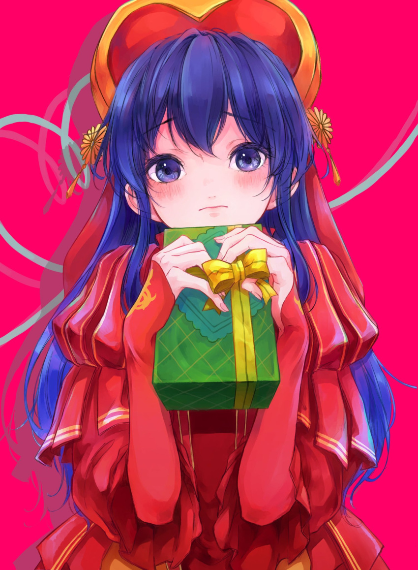 1girl blue_eyes blue_hair blush box chanene closed_mouth fingerless_gloves fire_emblem fire_emblem:_fuuin_no_tsurugi fire_emblem_heroes gift gift_box gloves hat highres holding holding_gift lilina long_hair nintendo red_gloves red_hat solo upper_body