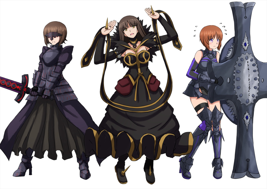 3girls alternate_eye_color armor armored_dress artoria_pendragon_(all) bangs black_dress black_footwear black_sleeves blush boots bridal_gauntlets brown_eyes brown_hair closed_mouth commentary cosplay dark_excalibur detached_sleeves dress elbow_gloves eyebrows_visible_through_hair face_mask fate/grand_order fate_(series) flying_sweatdrops frown gauntlets girls_und_panzer gloves greaves grey_dress grey_footwear head_tilt high_heel_boots high_heels highres holding holding_sword holding_weapon huge_weapon long_dress long_hair looking_at_viewer looking_to_the_side mash_kyrielight mash_kyrielight_(cosplay) mask medium_hair mother_and_daughter multiple_girls nishizumi_maho nishizumi_miho nishizumi_shiho omachi_(slabco) open_mouth saber_alter saber_alter_(cosplay) semiramis_(fate) semiramis_(fate)_(cosplay) serious short_dress short_hair siblings simple_background sisters sleeveless sleeveless_dress standing straight_hair sword thigh-highs thigh_boots thigh_strap violet_eyes weapon white_background