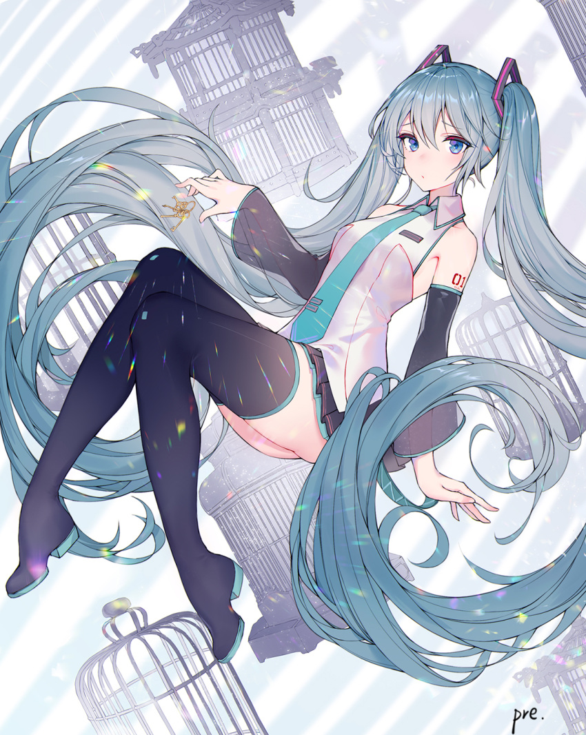 1girl aqua_hair aqua_neckwear arm_at_side ass bangs bare_shoulders birdcage black_footwear black_sleeves blue_eyes blush boots cage closed_mouth collared_shirt colored_eyelashes detached_collar expressionless eyebrows_visible_through_hair full_body hair_between_eyes hatsune_miku highres key layered_skirt long_hair looking_at_viewer microskirt necktie number_tattoo pleated_skirt pre_(17194196) see-through shirt shoulder_tattoo signature skirt solo tattoo thigh-highs thigh_boots twintails two-tone_background upskirt very_long_hair vocaloid white_shirt