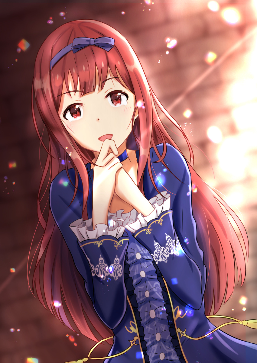 1girl :d blue_dress blurry blurry_background bow choker dress eyebrows_visible_through_hair hair_bow highres idolmaster idolmaster_million_live! long_hair long_sleeves looking_at_viewer open_mouth print_sleeves purple_bow red_eyes redhead shiny shiny_hair smile so_korokoro solo sunlight tanaka_kotoha upper_body very_long_hair