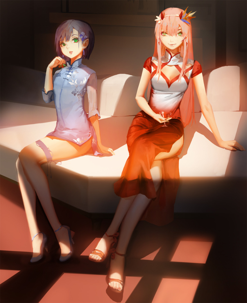 2girls blackrabbitsoul blue_footwear blue_hair bob_cut brown_footwear china_dress chinese_clothes cleavage_cutout cocktail_glass couch cup darling_in_the_franxx dress drink drinking_glass food fruit green_eyes high_heels highres holding holding_food ichigo_(darling_in_the_franxx) long_hair multiple_girls pink_hair short_dress short_hair side_slit sitting smile strawberry zero_two_(darling_in_the_franxx)