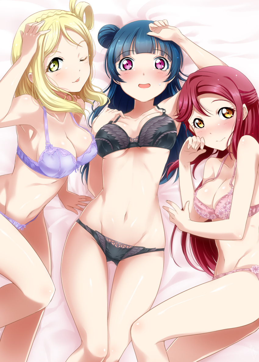 3girls armpits bangs bare_arms bare_legs bare_shoulders bed bed_sheet black_bra black_panties blonde_hair blush bow bow_panties bra braid breasts bunji cleavage collarbone crown_braid dark_blue_hair embarrassed eyebrows_visible_through_hair feather_trim flower_bra flower_panties green_eyes hair_rings hand_on_own_face hand_on_own_head highres large_breasts long_hair looking_at_viewer love_live! love_live!_sunshine!! lying medium_breasts multiple_girls navel ohara_mari on_back on_side one_eye_closed open_mouth panties pink_bra pink_panties purple_bra purple_panties red_eyes redhead sakurauchi_riko short_hair side_bun sidelocks small_breasts sweatdrop tongue tongue_out tsushima_yoshiko under_boob underwear yellow_eyes