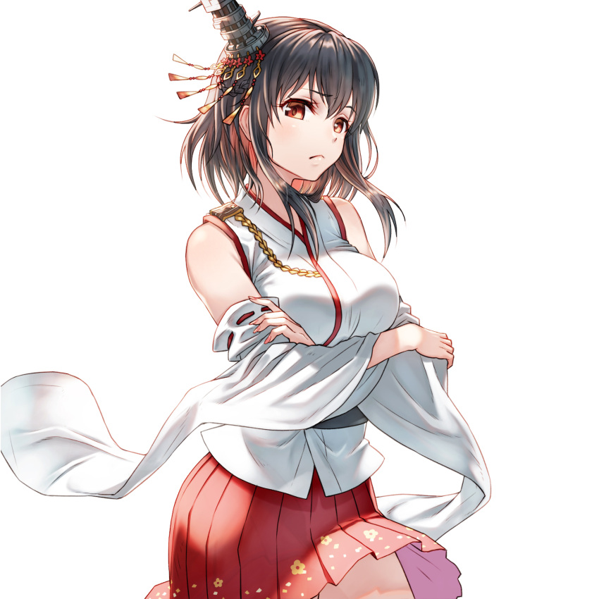 1girl black_hair breasts cowboy_shot crossed_arms detached_sleeves floating_hair floral_print frown hair_ornament highres japanese_clothes kantai_collection kimono long_hair long_sleeves looking_at_viewer medium_breasts miniskirt pleated_skirt print_skirt red_eyes red_skirt ribbon-trimmed_sleeves ribbon_trim shiny shiny_hair sho_(sumika) simple_background skirt sleeveless sleeveless_kimono solo standing white_background white_kimono white_sleeves wide_sleeves yamashiro_(kantai_collection)