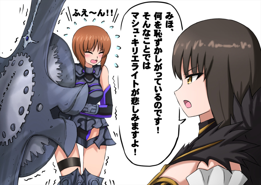 2girls armor armored_dress bangs black_dress blush boots brown_eyes brown_hair closed_eyes commentary_request cosplay detached_sleeves dress embarrassed eyebrows_visible_through_hair fate/grand_order fate_(series) flying_sweatdrops from_side frown fur_trim gauntlets girls_und_panzer greaves grey_dress grey_footwear half-closed_eyes highres holding holding_weapon huge_weapon knee_boots long_hair looking_at_another mash_kyrielight mash_kyrielight_(cosplay) mother_and_daughter multiple_girls nishizumi_miho nishizumi_shiho omachi_(slabco) open_mouth semiramis_(fate) semiramis_(fate)_(cosplay) serious shaking shield short_dress short_hair sleeveless standing straight_hair thigh_strap weapon white_background