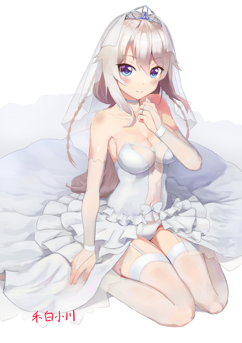 1girl 9a-91_(girls_frontline) absurdres arm_at_side bangs bare_shoulders blue_eyes blush bow breasts bridal_gauntlets bridal_veil cleavage closed_mouth collarbone commentary_request covered_navel detached_collar eyebrows_visible_through_hair full_body garter_straps girls_frontline hand_on_own_chest heart heart-shaped_pupils hebai_xiaochuan highres leotard long_hair looking_at_viewer medium_breasts see-through silver_hair sitting smile solo strapless strapless_leotard symbol-shaped_pupils thigh-highs tiara veil very_long_hair waist_cape wariza white_bow white_legwear white_leotard