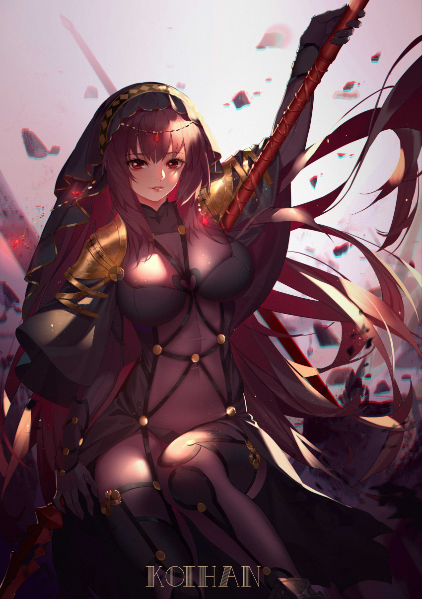 1girl absurdres bodysuit breasts covered_navel fate/grand_order fate_(series) gae_bolg highres holding holding_weapon koi_han large_breasts leotard long_hair looking_at_viewer parted_lips pauldrons polearm purple_bodysuit purple_hair purple_leotard red_eyes scathach_(fate)_(all) scathach_(fate/grand_order) shattering shoulder_armor smile solo spear stone weapon