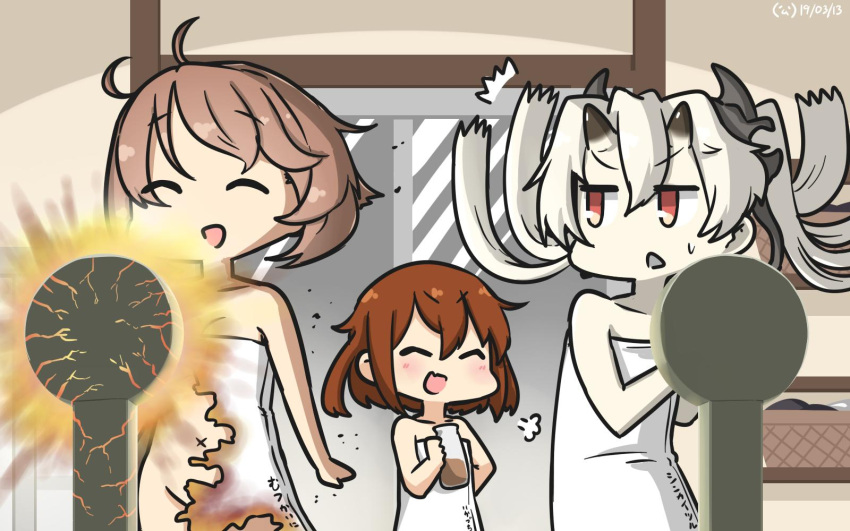 /\/\/\ 3girls abyssal_crane_hime basket brown_hair character_name chocolate_milk closed_eyes commentary_request dated door hamu_koutarou highres ikazuchi_(kantai_collection) kantai_collection long_hair multiple_girls mutsu_(kantai_collection) naked_towel navel nearly_naked_towel open_mouth shinkaisei-kan short_hair smile towel weighing_scale white_hair x_navel