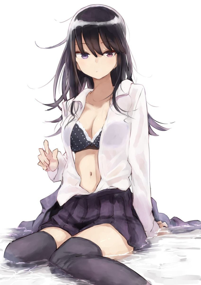 1girl absurdres bangs black_bra black_hair black_legwear black_skirt bra breasts cleavage closed_mouth collarbone collared_shirt commentary_request dress_shirt hair_between_eyes heterochromia highres long_hair long_sleeves looking_at_viewer medium_breasts miniskirt navel open_clothes open_shirt original partially_submerged pleated_skirt polka_dot polka_dot_bra red_eyes rucchiifu shirt shirt_tucked_in sitting skirt solo stomach thigh-highs underwear violet_eyes wariza water white_background white_shirt zettai_ryouiki