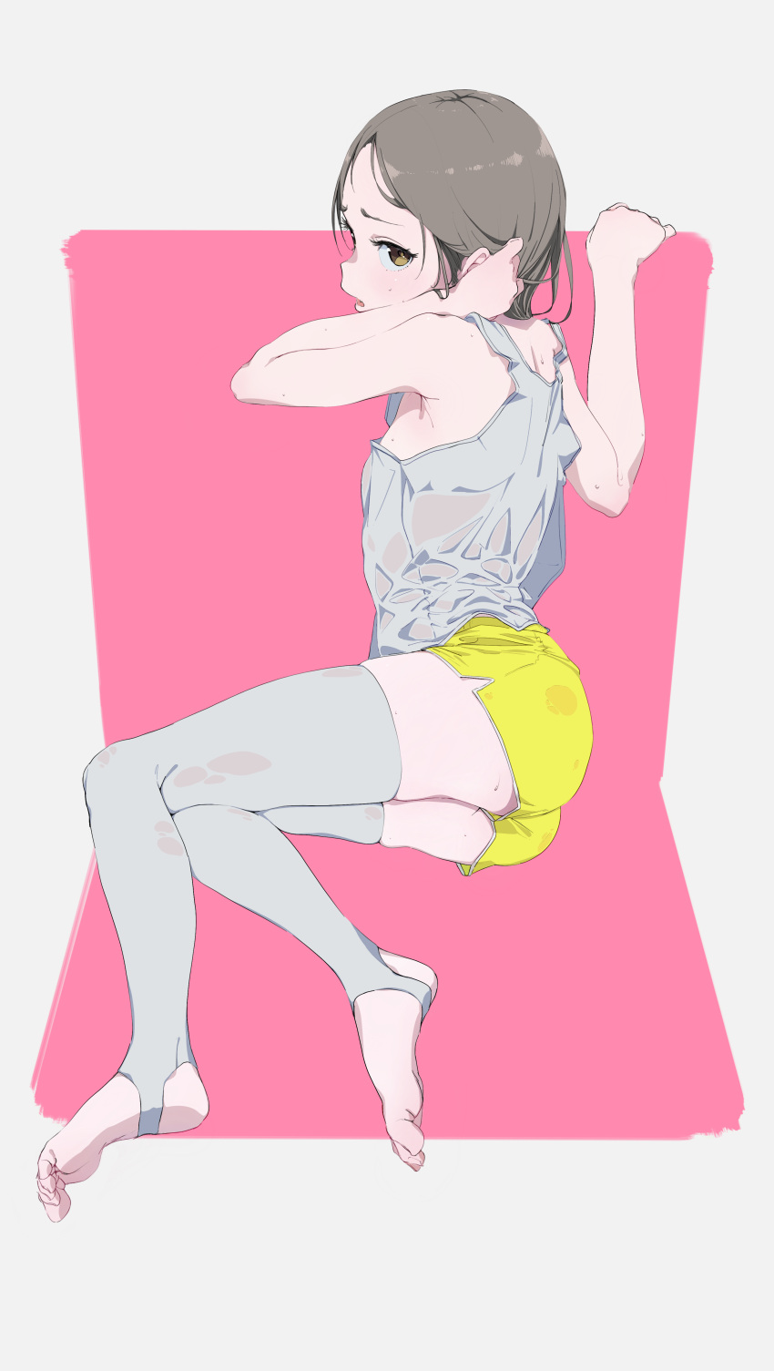 1girl absurdres armpit_peek barefoot bouen brown_eyes highres looking_at_viewer lying on_side original short_hair short_shorts shorts simple_background skindentation solo sweat tank_top thigh-highs wet wet_clothes