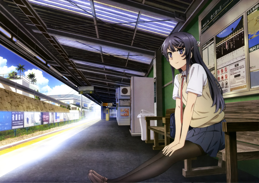 1girl absurdres bench blue_skirt highres official_art palm_tree pantyhose sakurajima_mai school_uniform seishun_buta_yarou skirt train_station tree violet_eyes