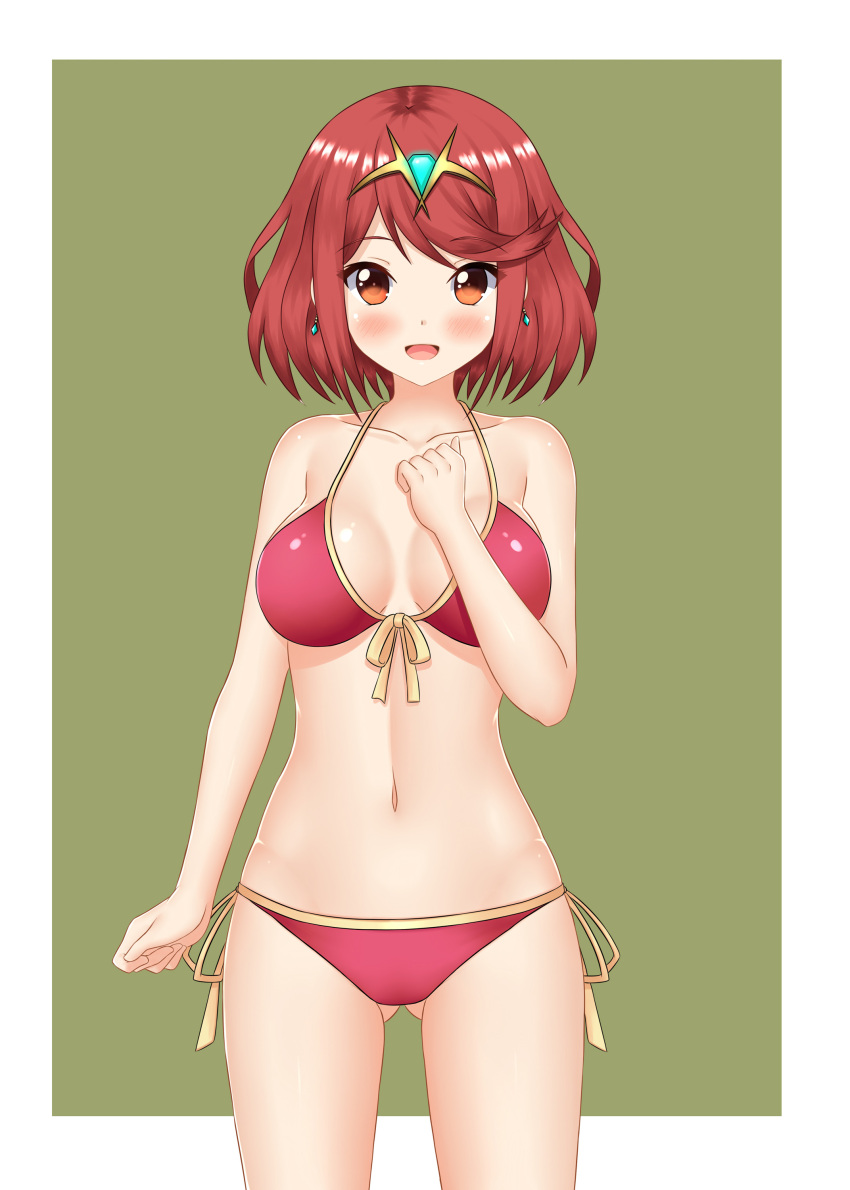 1girl :d absurdres ass_visible_through_thighs bare_shoulders bikini blush border breasts brown_eyes brown_hair clenched_hands collarbone crystal_earrings earrings eyebrows_visible_through_hair framed front-tie_top gradient_eyes highres pyra_(xenoblade) jewelry keshigomu medium_breasts multicolored multicolored_eyes navel nintendo open_mouth orange_eyes outside_border pink_bikini redhead shiny shiny_clothes shiny_hair shiny_skin short_hair side-tie_bikini simple_background smile solo standing swimsuit tiara white_border xenoblade_(series) xenoblade_2