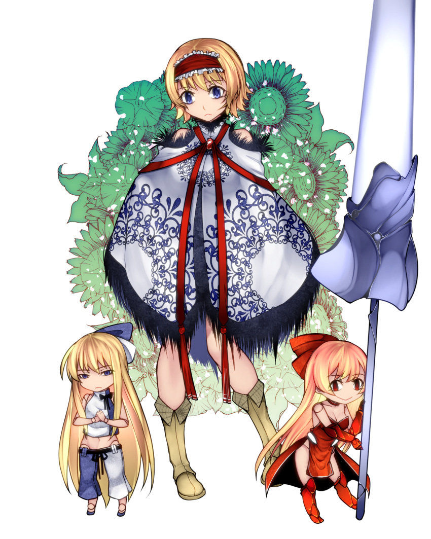 3girls :&lt; alice_margatroid aoshima bangs bare_shoulders blonde_hair blue_eyes blue_footwear blue_pants blue_ribbon boots breasts brooch brown_footwear choker cleavage commentary_request crop_top dress eyebrows_visible_through_hair flower frilled_hairband frills full_body fur_trim gauntlets greaves hair_ribbon hairband highres hourai_doll jewelry lance lolita_hairband long_hair looking_at_viewer medium_breasts midriff multicolored multicolored_clothes multicolored_pants multiple_girls navel pants pelvic_curtain polearm poncho red_choker red_dress red_eyes red_footwear red_hairband red_neckwear red_ribbon ribbon shanghai_doll shirt shoes short_hair shoulder_cutout simple_background sleeveless sleeveless_shirt smile standing stomach strapless strapless_dress thighs touhou very_long_hair weapon white_background white_pants white_ribbon white_shirt