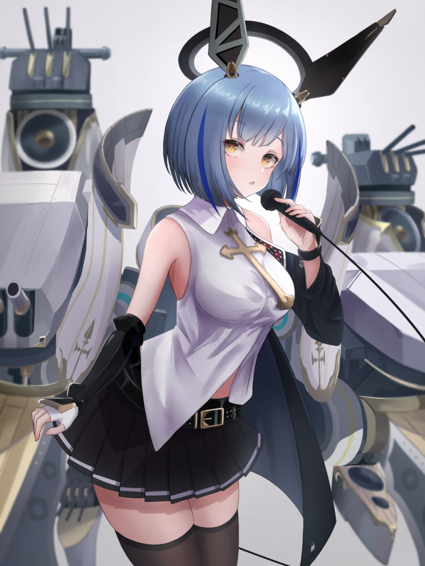 +_+ 1girl azur_lane bare_shoulders belt black_legwear black_skirt blue_hair blush breasts commentary_request detached_sleeves fingerless_gloves floating_headgear gascogne_(azur_lane) gascogne_(muse)_(azur_lane) gloves grey_background headgear higashigure highres holding holding_microphone idol large_breasts leaning_forward looking_at_viewer machinery microphone multicolored_hair open_mouth pleated_skirt purple_hair rigging shirt short_hair simple_background single_glove skirt sleeveless sleeveless_shirt solo streaked_hair thigh-highs turret white_gloves yellow_eyes